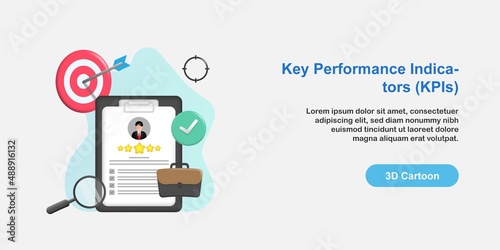 3D cartoon style illustration. Best employee award concept. Worker profile on a clipboard, 5 star rank with suitcase, dartboard, target, magnifier icon