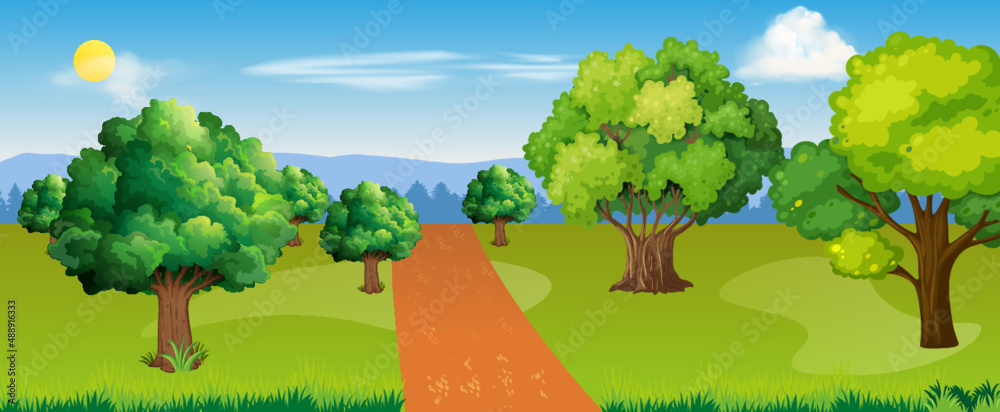 Blank nature forest landscape scene with trees and sandy road, nature tourism landscape background. Vector Illustration.  
