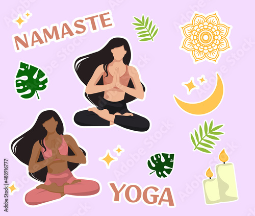 Yoga, mindfulness stickers collection. Badges