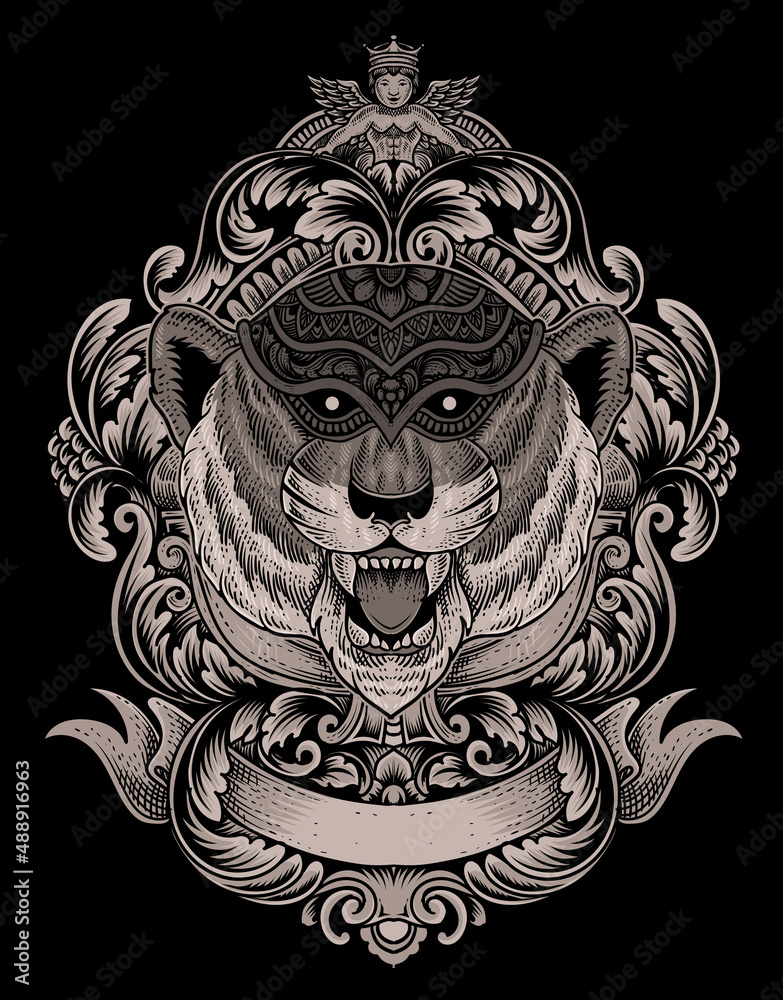 illustration tiger head with antique engraving ornament style