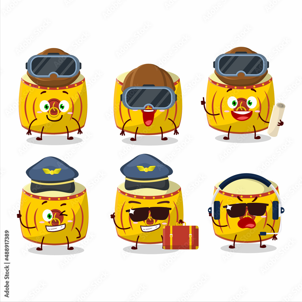 Pilot cartoon mascot yellow chinese drum with glasses
