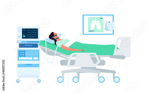 Lung ventilation of patient in intensive care unit. Sick person lying on hospital bed in resuscitation room with medical equipment flat vector illustration. ICU, emergency, healthcare concept