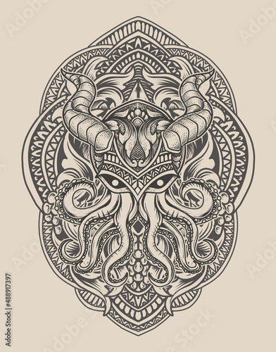 illustration vintage octopus with engraving ornament style