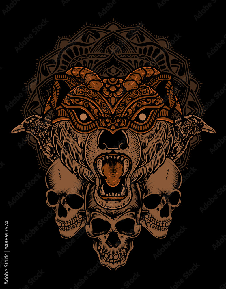 Fototapeta premium illustration bear head with skull and crow bird mandala