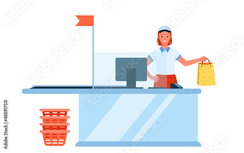 Employee of supermarket or shopping mall standing at cash register desk vector illustration. Cartoon friendly female worker waiting for clients, process of work of hypermarket clerk isolated on white