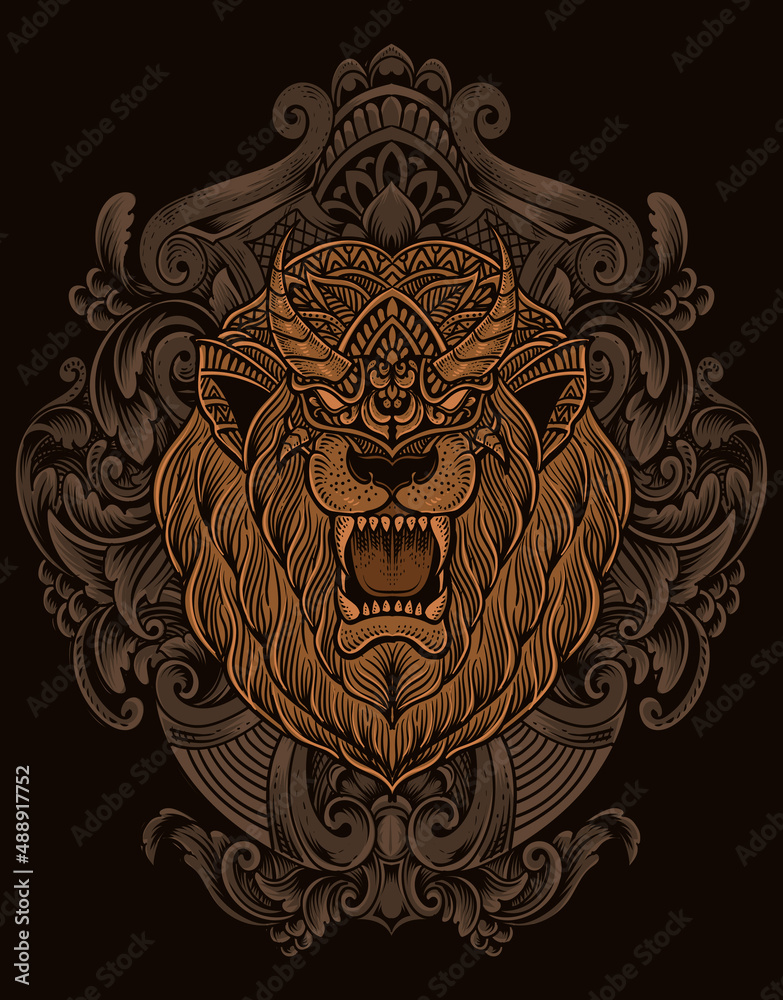 illustration lion head with antique engraving ornament style