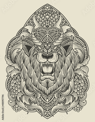illustration lion head with antique engraving ornament style