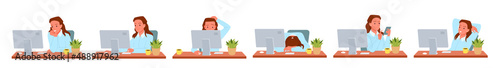 Work of woman in different poses in front of office computer vector illustration. Cartoon businesswoman sitting at desk, professional manager showing gestures, employee working isolated on white