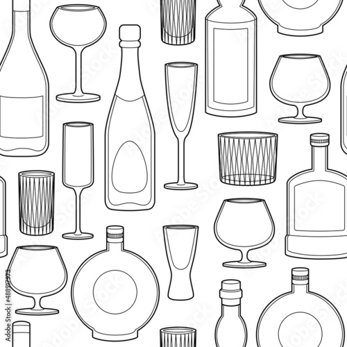 Vector line art seamless pattern alcohol glasses and bottles. Vector illustration