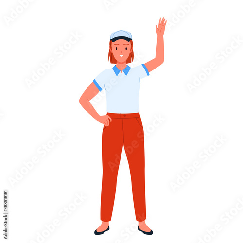Storekeeper or employee of store standing and waving to customers vector illustration. Cartoon friendly female supermarket worker in shop uniform and cap working with buyers isolated on white