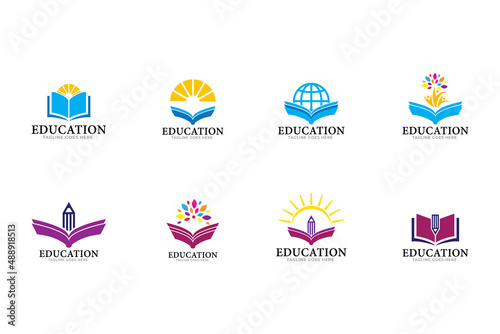 Set of vector education logo, icons, emblems design elements. Open book, sun, globe, tree and and light bulb linear symbol. Online education, training, learning concept.