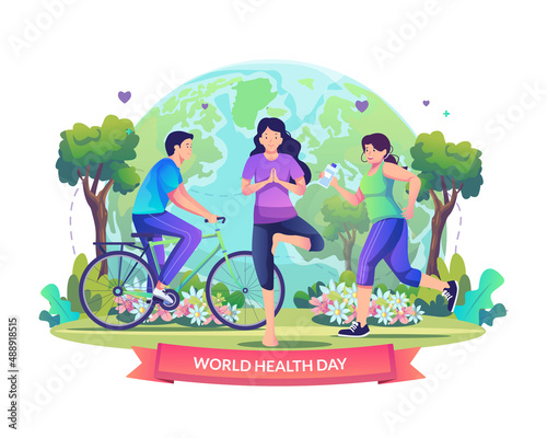 World Health Day illustration concept with people exercising healthy lifestyle. a person doing yoga, jogging, and cycling. Flat style vector illustration