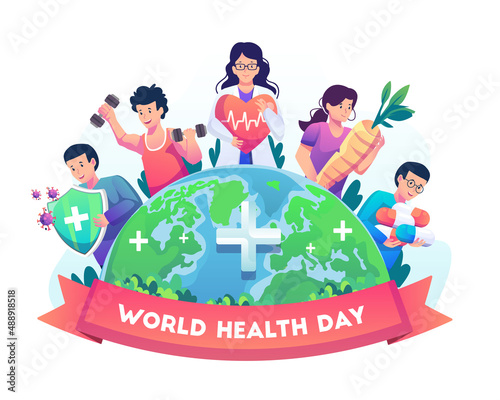 A group of diverse people around the world leading an active healthy lifestyle on World Health Day. Flat style vector illustration