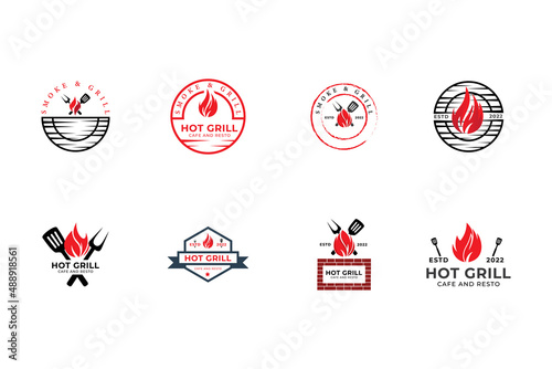 BBQ and chicken, cock, rooster with fire logo template. Grill and hen meat with fork and spatula vector design. Fast food illustration