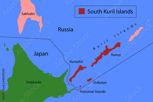 Illustration on a political theme, map of the South Kuril Islands. Kuril Islands dispute, Northern Territories dispute. Russia and Japan. photo