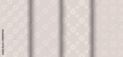 Set of light background patterns with ornaments. Seamless pattern, texture. White and gray geometric backgrounds. Flat design. Vector illustration