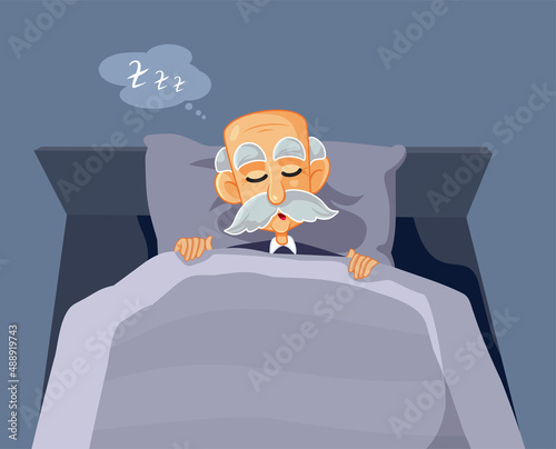 Senior Man Snoring in Bed Vector Cartoon Illustration