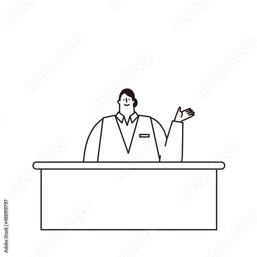 Vector illustration of a woman wearing a reception counter and a vest.