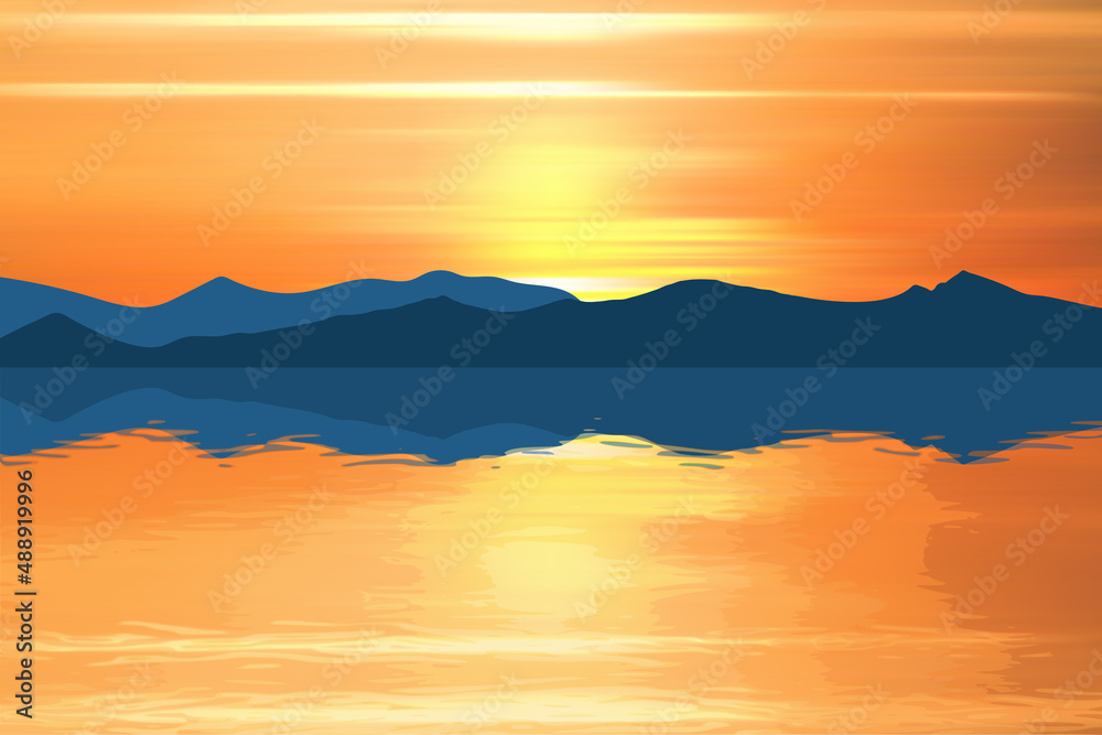 Fantasy on the theme of the sea landscape, summer vacation. The mountains on the horizon, the picturesque sunset sky, a beautiful reflection in the water.