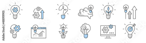 Business idea icons with outline light bulb, target, graph, gear and brain. Vector doodle symbols of creative solution, brainstorm, innovation and strategy analysis