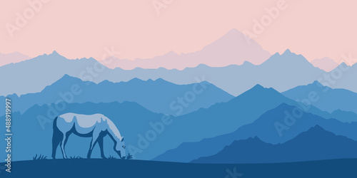 Fantasy on the theme of the mountains landscape. A horse grazes,  morning haze. Panoramic view, vector illustration.