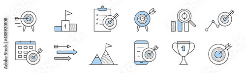 Business goal doodle icons dart target with arrow, pedestal and flag, to-do list with ticks, chart, glass with aim, calendar or schedule, mountain top, trophy cup, mobile, Line art vector illustration