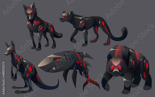 Evil animals robots wolf, puma, kangaroo, shark and grizzly bear. Robotics mechanical monsters cyborgs with red glowing eyes and black mechanical body. Cartoon electronic ai zoo machines, Vector set