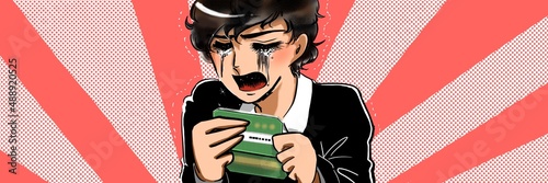 70年代少女漫画黒髪男子銀行通帳貯金が底をつき見て絶叫号泣するイラスト photo