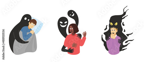 Psychological instability set. Phobias collection. People suffering from mental problems. Illustration in flat style