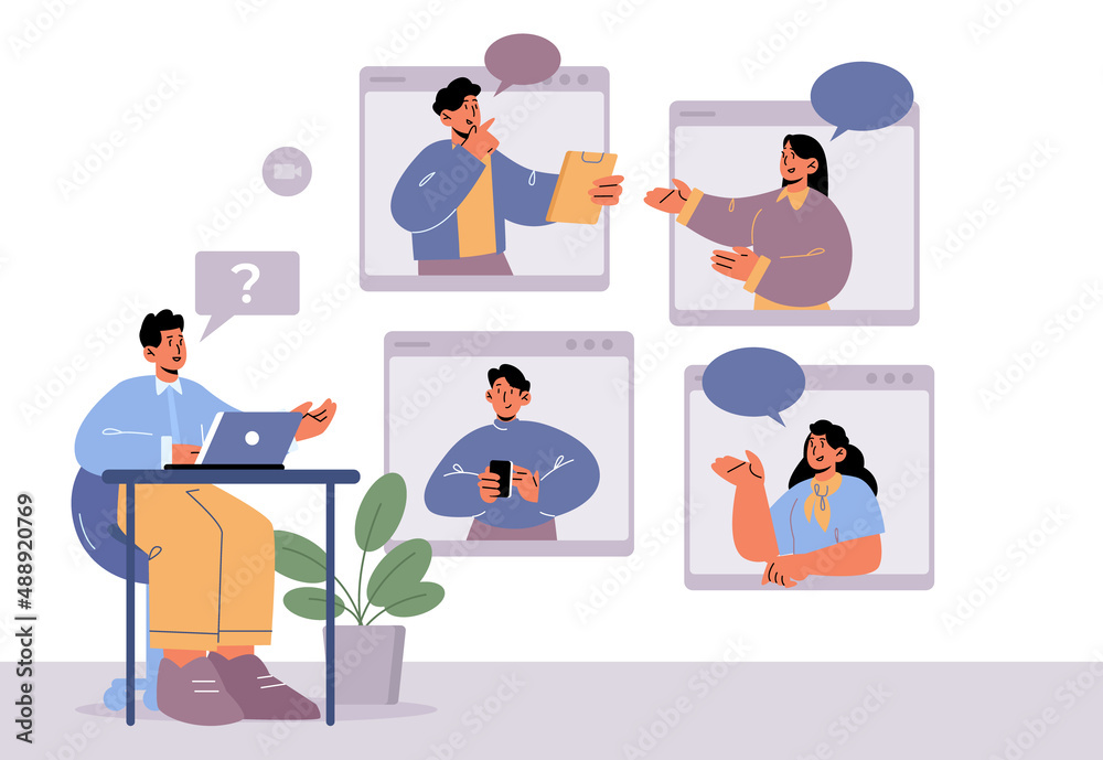 Online video conference of business characters, office workers webcam group call via internet. Employees remote briefing with boss and colleagues on huge pc screens, Line art vector illustration Online video conference of business characters, office workers webcam group call via internet. Employees remote briefing with boss and colleagues on huge pc screens, Line art vector illustration