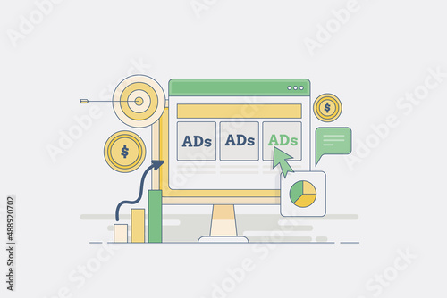 Website banner advertising, incoming revenue from digital ad campaign, ad targeting online audience, increase website traffic media filled outline web banner concept.