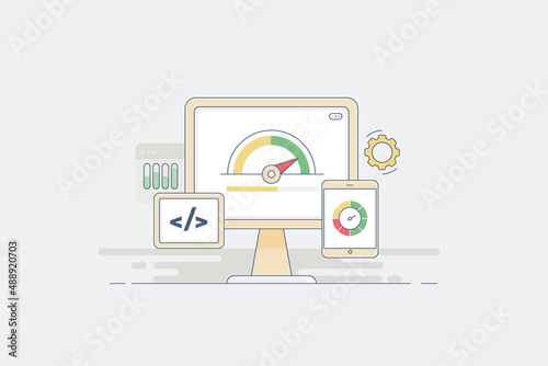 Internet fast speed, global broadband communication technology, website loading time optimization concept, speed meter on virtual screen. Filled outline flat design web banner. 