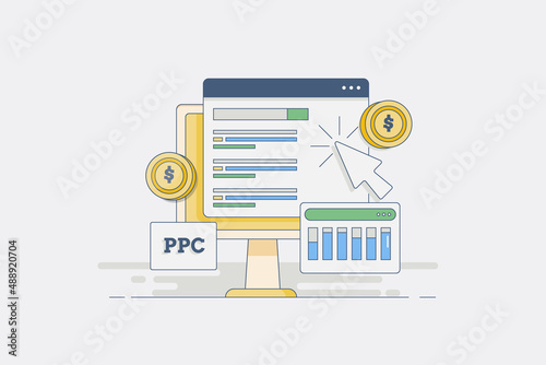 Modern filled outline illustration concept of PPC advertising, Pay per click and search engine marketing, web analytics, internet money web banner template.