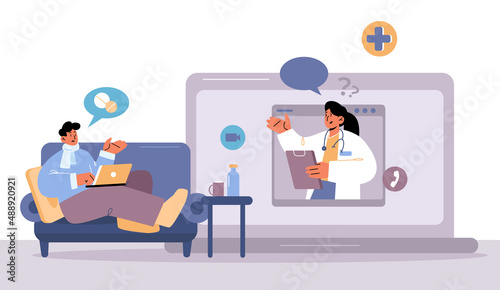 Online medicine, patient call to doctor via internet. Medic character in white coat on huge laptop screen listen complaints distantly, healthcare service modern technology Line art vector illustration