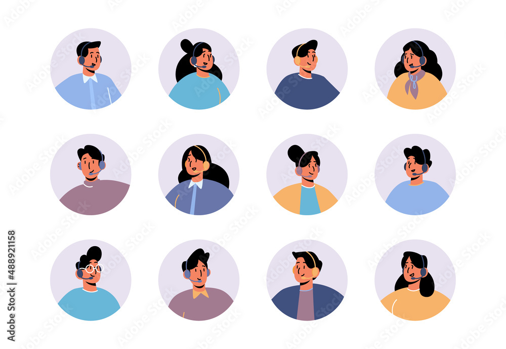 Avatars of customer support service agents. Vector flat icons set of call center operators with headset, women and men workers of contact hotline or online chat Avatars of customer support service agents. Vector flat icons set of call center operators with headset, women and men workers of contact hotline or online chat