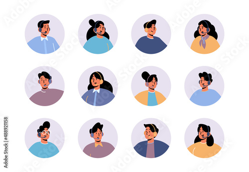 Avatars of customer support service agents. Vector flat icons set of call center operators with headset, women and men workers of contact hotline or online chat