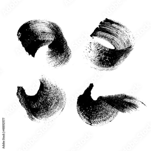 Set of four strokes of paint textured, grunge, black isolated on white background. Vector.