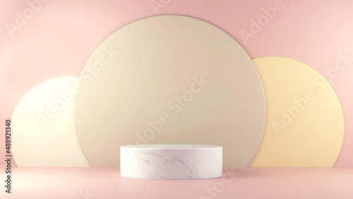 Fototapeta Naklejka Na Ścianę i Meble -  3d render abstract platform with golden, pink beige and white shapes. Geometric figures in modern minimal design. Realistic mock up for promotion,  product show, podium product display