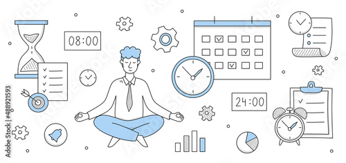 Businessman relaxing and meditating in lotus pose with office supplies and infographic doodle icons around. Worker avoid stress practicing mindfulness business yoga meditation, Vector illustration