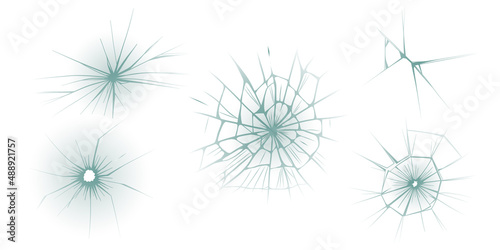 Glass cracks. Broken ice. Bullet marks on transparent surface  electronic display  window. Vector sketch illustration.