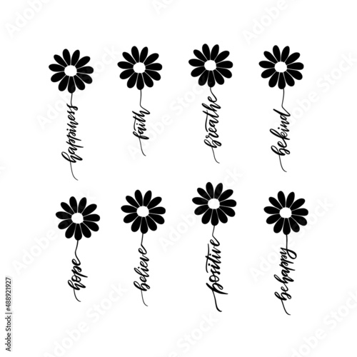 Faith, hope, believe motivational vector lettering with flower daisy isolated on white background. Hand drawn typography phrase for t shirt print, poster, card, sticker, mug, phone case.