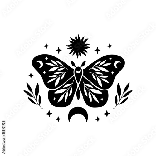 Celestial butterfly vector illustration. Mystical moon moth. Boho magic insect on white background. Template for modern poster, card, t shirt print, sticker.