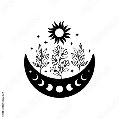 Celestial vector poster. Moon phases with wildflower, sun illustration. Modern art with floral moon. Hand-drawn boho decor. T shirt print, bohemian poster, witch sticker.