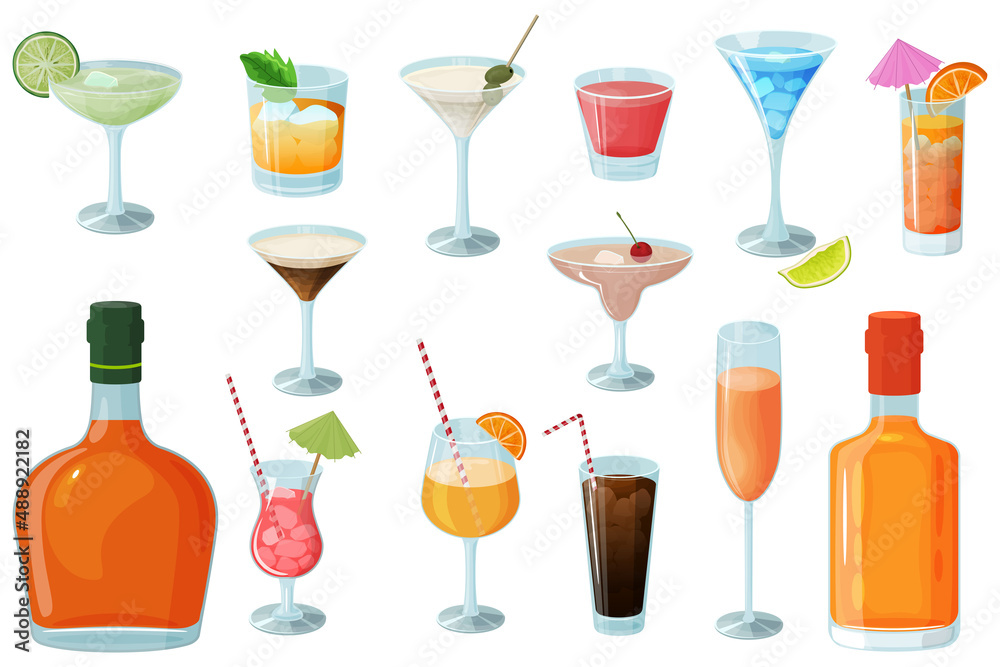 Cocktail set.Alcoholic beverages in glasses and glasses.Daiquiri, martini, margarita, cosmopolitan, Long Island, blue lagoon and Pina colada.Vector illustration.