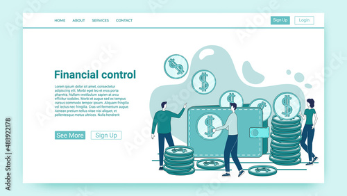 Financial control.People on the background of a wallet and coins sort money.Financial activity and cash flow.An illustration in the style of a green landing page.
