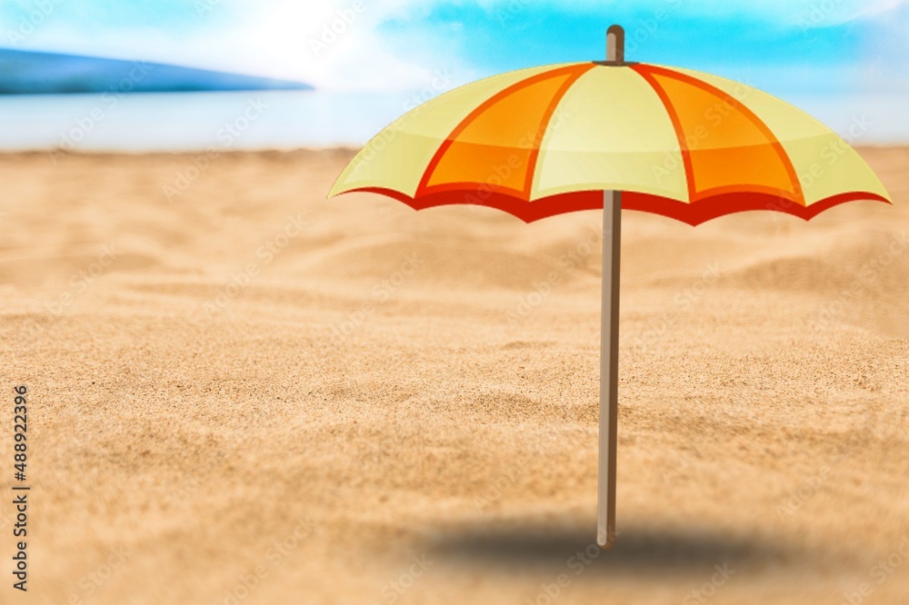 umbrella on tropical sand beach. Ocean coastline.