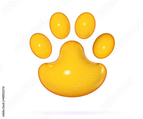 Paw 3d print in cartoon soft pop style. Grooming service visual concept. Realistic render vector elements for pet and veterinaty care design.