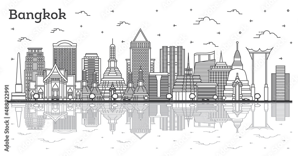 Naklejka premium Outline Bangkok Thailand City Skyline with Reflections, Modern and Historic Buildings Isolated on White.
