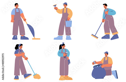 Set of cleaning service characters in uniform work with equipment to clean room. Professional company workers with tools mop or vacuuming floor, rub, sweep, collect trash, Line art vector illustration