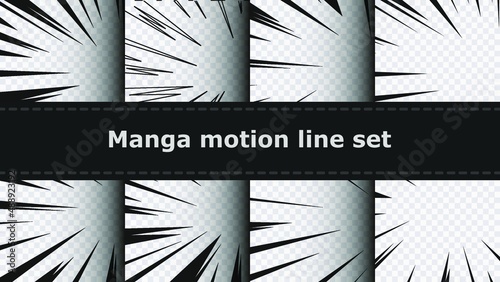Speed lines as manga comic effect on transparent background collection set. Cartoon anime action background. Vector illustration of explosion motion effect or explosion frame. Explosive glowing flash.
